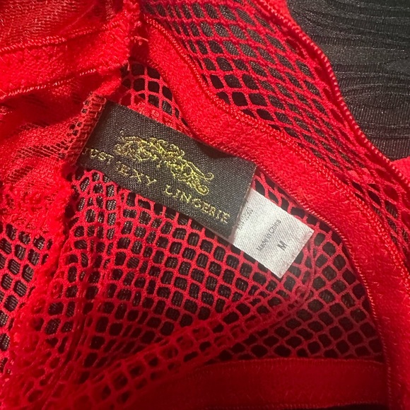 Red Lace Chemise with Floral Design and Garter Straps - Picture 2 of 4